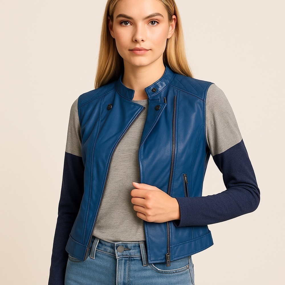❄️ Blue Vegan Leather Faux Fur Lining Triple Zip-Up Detail Moto Vest